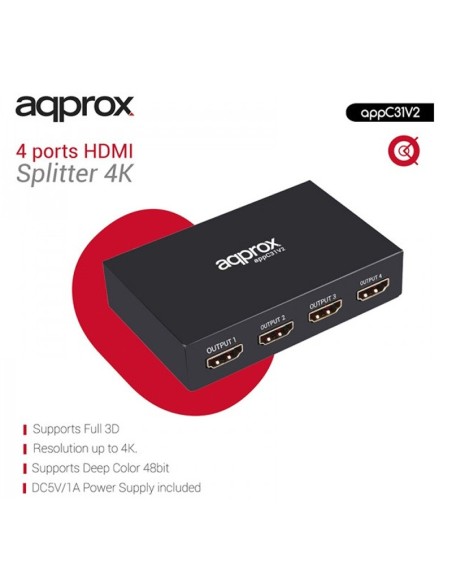 SPLITTER 4 PTOS HDMI 4K APPROX PN: APPC31V2 EAN: 8435099524076   
