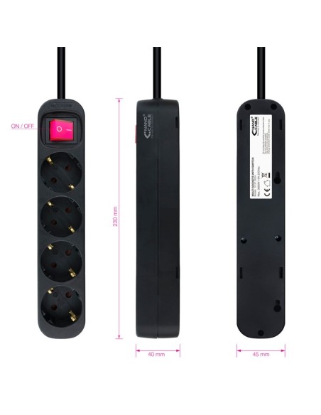 REGLETA 4 TOMAS NANO CABLE CON 1.4M PROTECCION, INTERUPTOR PN: 10.37.0004-BK EAN: 8433281010178   