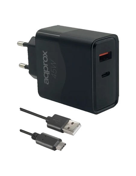 CARGADOR 45W ENCHUFE APPROX 1X USB A, 1X USB TYPE C NEGRO PN: APPUSBWALL45W EAN: 8435099535454   