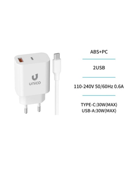 CARGADOR  5V ENCHUFE USB TYPE   A, USB TYPE C 30W BLANCO PN: AAJCFB EAN: 8435719641749   