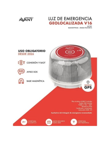 BALIZA AVANT LUZ DE EMERGENCIA V16 GEOLOCALIZADA HOMOLOGADA PN: AV1201 EAN: 8436533799654   